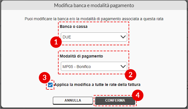 Finestra modifica banca o modalità di pagamento della rata