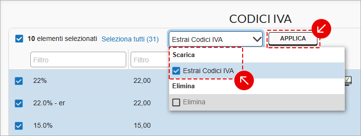 Menu azioni Codici IVA con Estrai Codici IVA e Applica