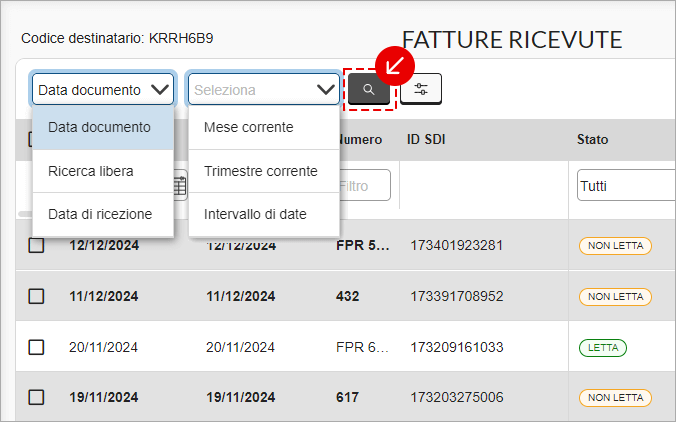 Ricerca delle fatture ricevute per data documento o data di ricezione