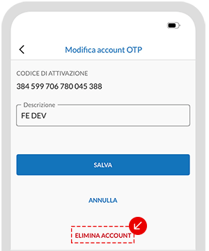 Schermata Modifica account OTP nell’app con pulsante Elimina account