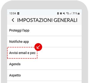 Sezione Avvisi email e PEC nelle impostazioni generali dell’app