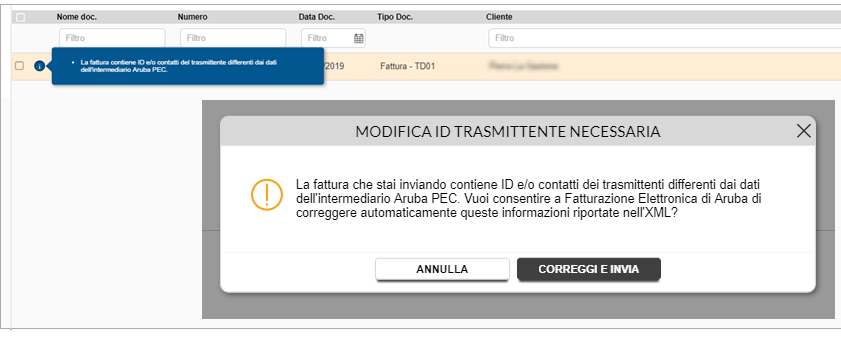 Messaggio che richiede la modifica dell’ID trasmittente prima dell’invio della fattura