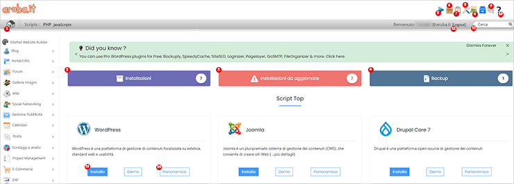 Softaculous App Installer: operazioni eseguibili da homepage