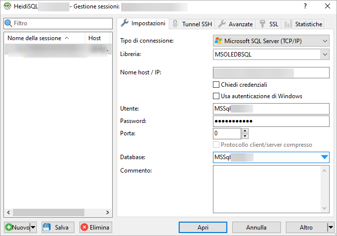 HeidiSQL – Gestione sessioni: Impostazioni MSSQL con campi host, utente, password, database e pulsante Apri.