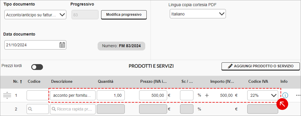 Inserimento di una riga di acconto nella sezione Prodotti e servizi con codice IVA selezionato