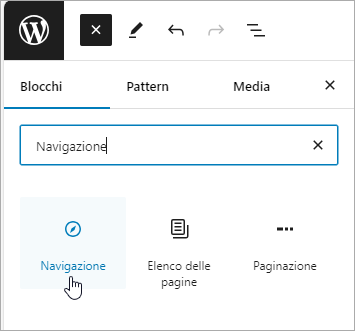 WordPress inserter: ricerca “Navigazione”; blocco Navigazione evidenziato, visibili Elenco pagine e Paginazione.