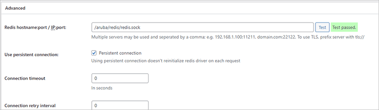W3 Total Cache > Advanced Redis: socket /aruba/redis/redis.sock; Persistent connection attivo; Test passed visibile.