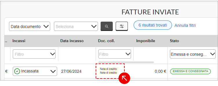 Elenco delle fatture inviate con indicazione del documento collegato come nota di credito