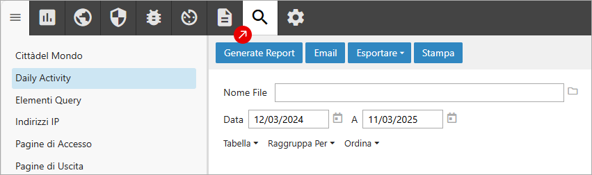 SmarterStats: Daily Activity con icona Ricerca evidenziata; campi Nome File e Data; pulsanti Generate Report, Email, Esportare, Stampa