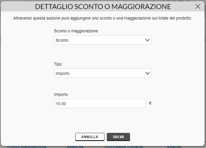 Inserimento sconto o maggiorazione prodotto
