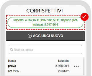 Riepilogo importo, IVA e totale nei Corrispettivi in app