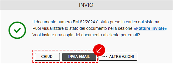 Conferma di invio del documento con opzione per inviare una copia via email
