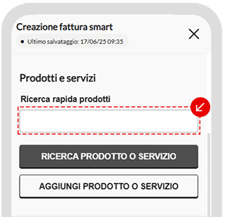Schermata di creazione fattura smart con campo di ricerca rapida prodotti