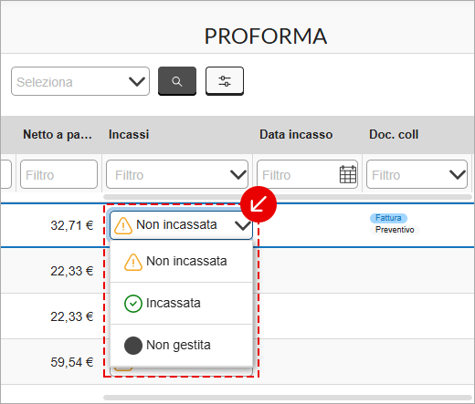 Menu stato incasso della proforma con opzioni Non incassata, Incassata e Non gestita