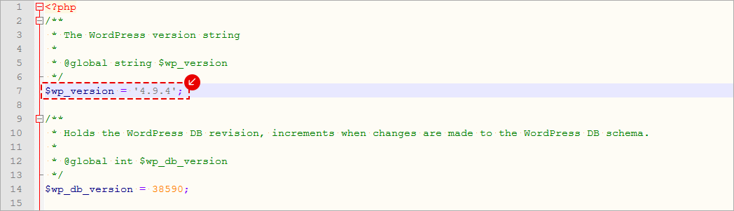 Editor codice: file version.php con variabile $wp_version='4.9.4' evidenziata.