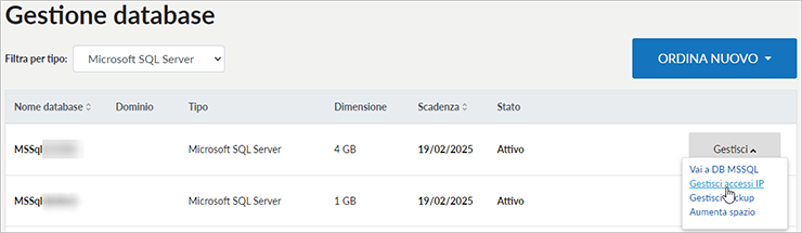 Gestione database MSSQL: elenco con menu Gestisci aperto; opzioni Vai a DB, Gestisci accessi IP, Gestisci backup, Aumenta spazio.