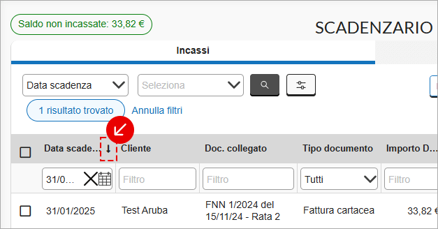 Ordinamento per colonna Data scadenza nello scadenzario