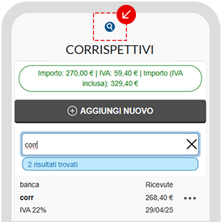 Ricerca nei Corrispettivi in app con risultati filtrati