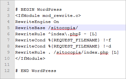 WordPress .htaccess: imposta RewriteBase /sitocopia/ e reindirizza a /sitocopia/index.php.