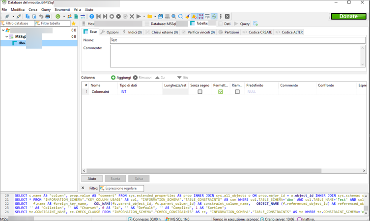 HeidiSQL – editor tabella MSSQL: scheda Base, tabella “Test”, griglia colonne (INT); comandi Aggiungi/Rimuovi e Salva disattivo.