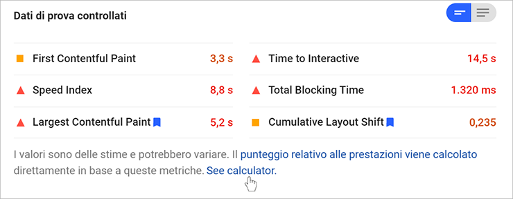 PageSpeed Insights: FCP 3,3 s; SI 8,8 s; LCP 5,2 s; TTI 14,5 s; TBT 1.320 ms; CLS 0,235; link al calcolatore.