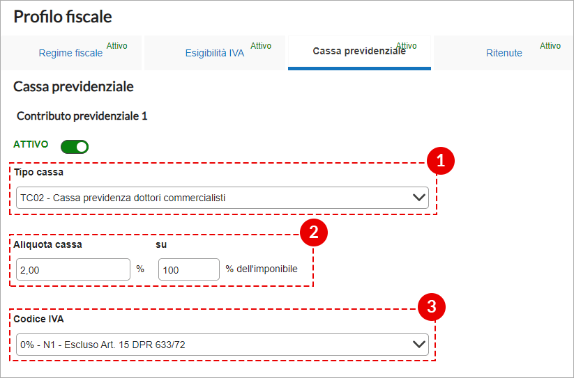 Sezione Cassa previdenziale con tipo cassa, aliquota su imponibile e codice IVA configurabili