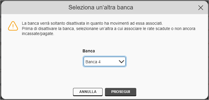 Popup selezione altra banca prima della disattivazione
