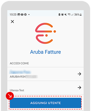 Schermata dell’app Aruba Fatture con pulsante Aggiungi utente