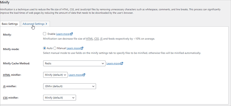 W3 Total Cache > Minify: Enable non selezionato; Auto/Manual; metodo cache Redis; minifier HTML/JS/CSS impostabili.