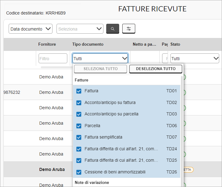 Filtro per tipo di documento nella lista delle fatture ricevute