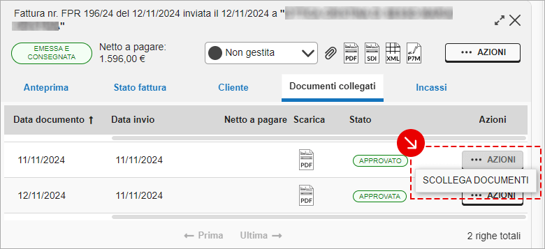 Sezione Documenti collegati con opzione per scollegare un documento