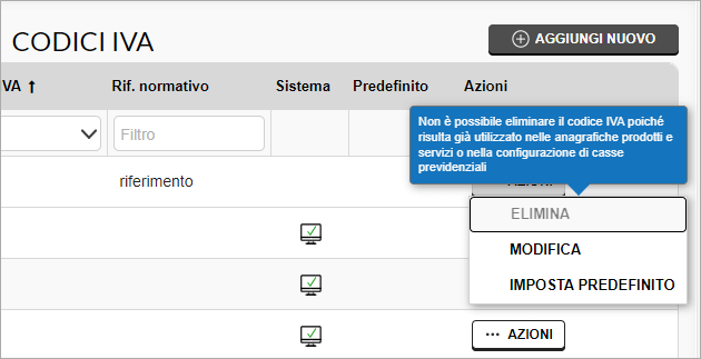 Menu Azioni codice IVA con Modifica e Imposta predefinito