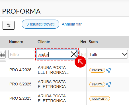 Filtro per cliente nell’elenco proforma