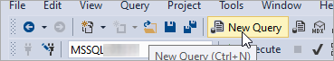 SSMS: barra strumenti con pulsante New Query evidenziato (crea nuova query, scorciatoia Ctrl+N).
