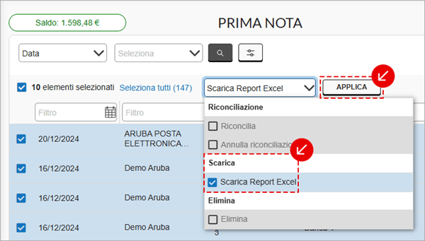 Menu azioni Prima nota con Scarica Report Excel e Applica
