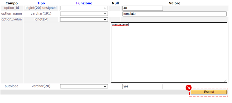 phpMyAdmin: in wp_options modifica template in “twentysixteen” e premi Esegui.