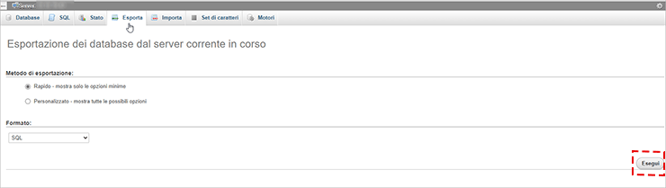 Esportazione database in phpMyAdmin con pulsante Esegui evidenziato
