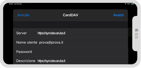 Configurazione account CardDAV su iOS con server syncdav.aruba.it e indirizzo email utente