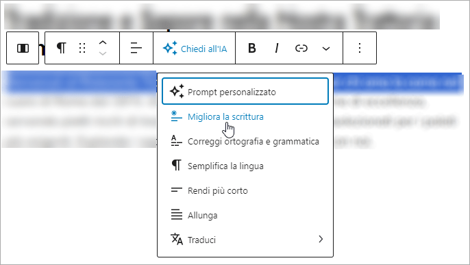WordPress editor: menu Chiedi all’IA aperto con puntatore su Migliora la scrittura.