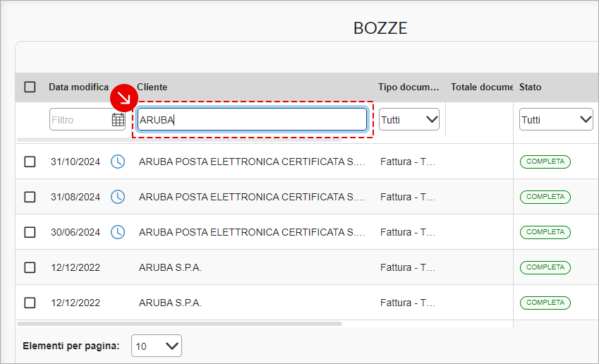 Filtro per Cliente nella sezione Bozze con campo di ricerca compilato