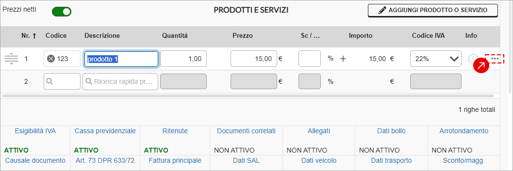 Sezione Prodotti e servizi con pulsante tre pallini per modificare, inserire dati, duplicare o eliminare la riga