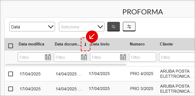 Ordinamento per colonna Data invio nell’elenco proforma