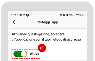 Schermata Proteggi l’app con opzione attiva per l’accesso protetto attivata