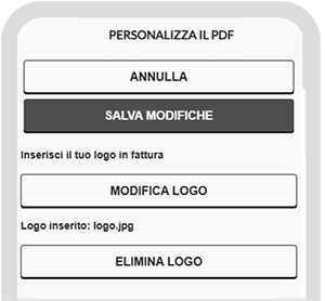 Schermata dell’app Personalizza il PDF con opzioni Annulla, Salva modifiche, Modifica logo ed Elimina logo