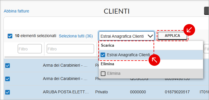 Menu azioni clienti con opzione Estrai Anagrafica Clienti e pulsante Applica