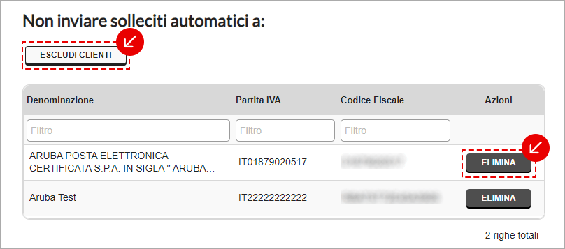 Elenco clienti esclusi dai solleciti automatici con azione Elimina