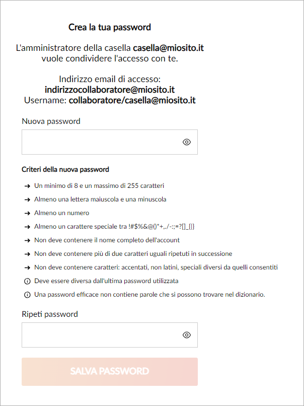 Form di creazione password per accesso condiviso a casella email con indicazione di username, email e criteri di sicurezza
