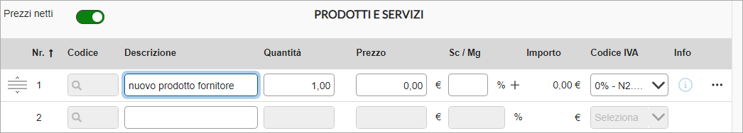 Inserimento di un nuovo prodotto fornitore nella sezione Prodotti e servizi