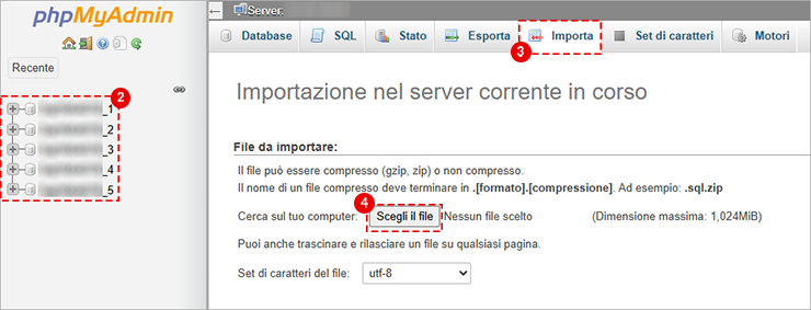 phpMyAdmin: pagina Importa del server; elenco database a sinistra; pulsante Scegli file per caricare dump.