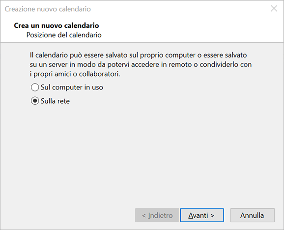 Finestra di creazione nuovo calendario in Thunderbird con selezione attiva su “Sulla rete” per salvataggio remoto